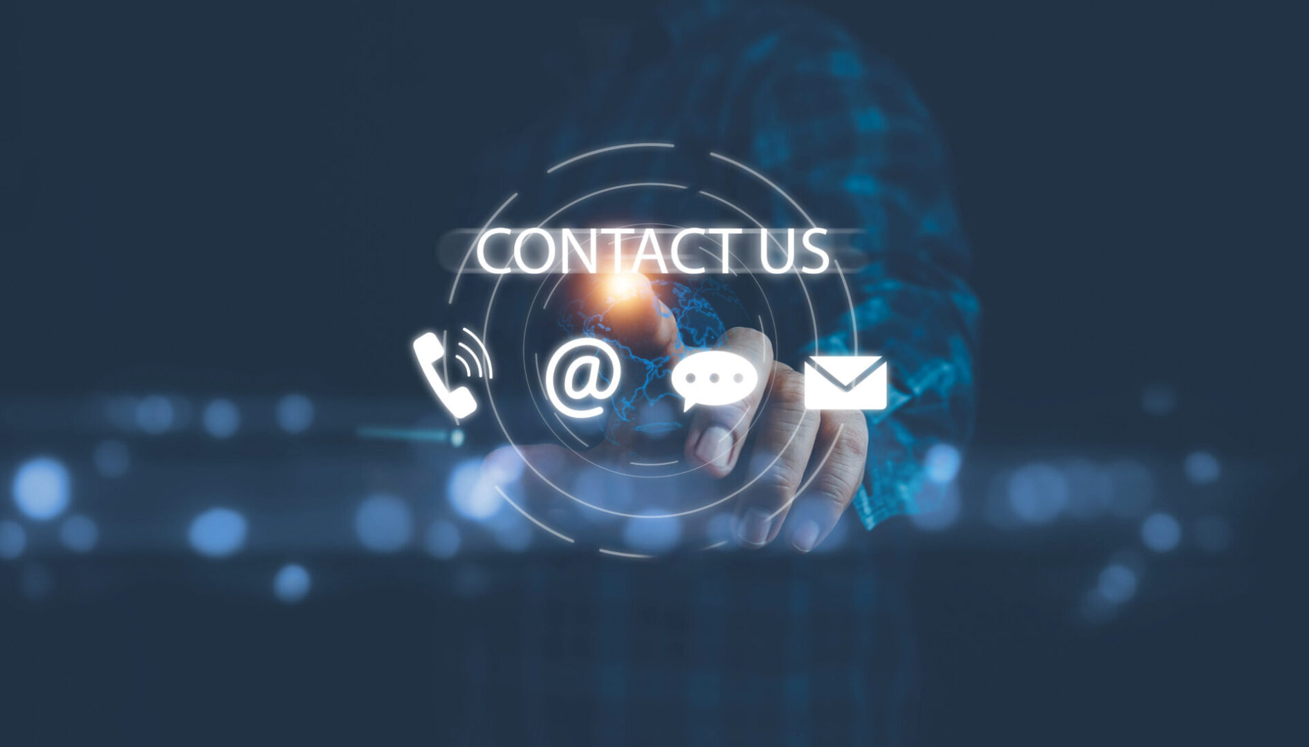 Contact us or Customer support hotline, people connect. Businessman touching on virtual screen contact icons (email, address, live chat, telephone). Customer service, helpdesk advice online support.