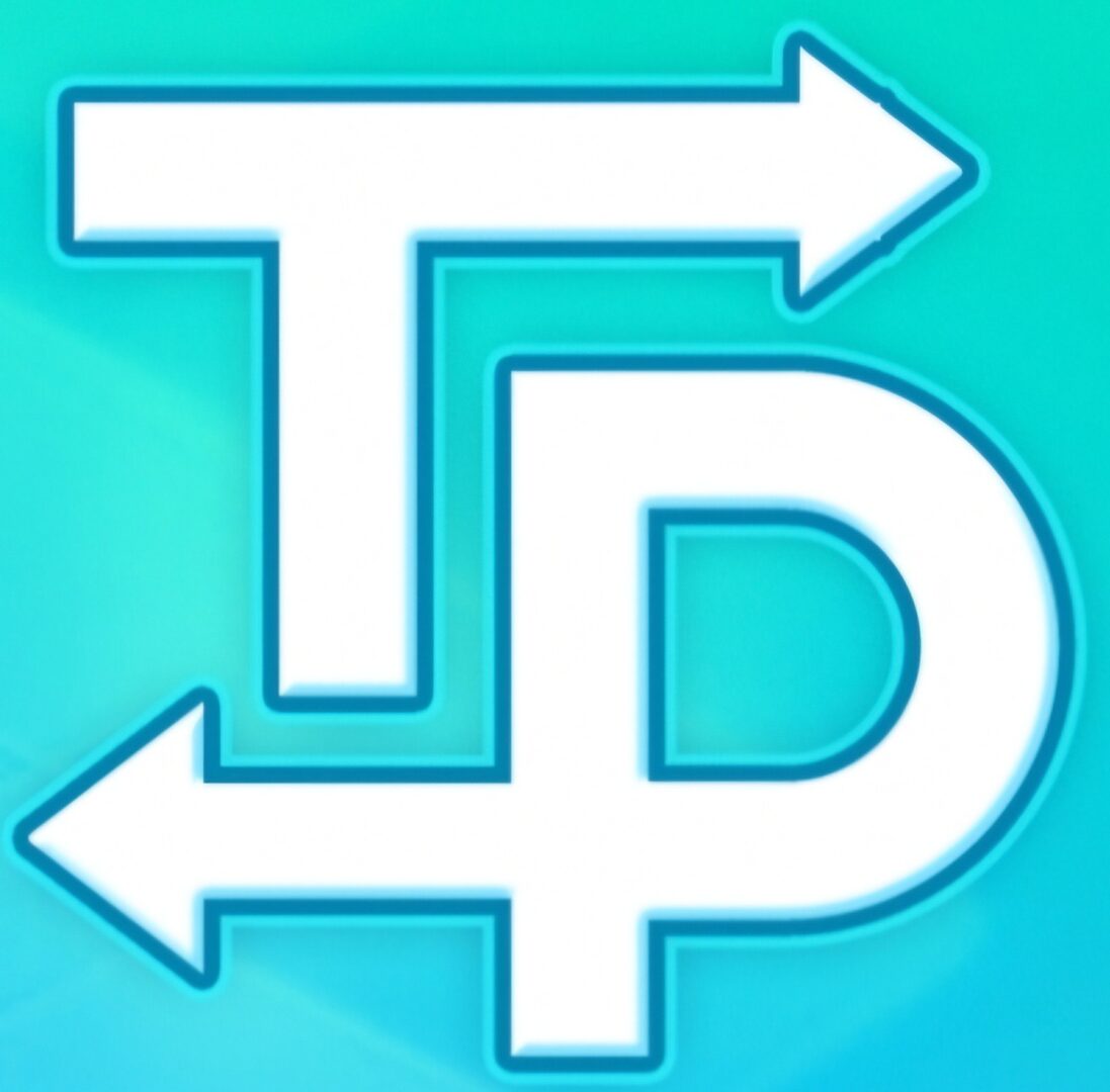 Logo with stylized letters T and P with arrows on a blue gradient background.